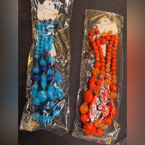 Blue and Orange Beaded Earrings & Necklace Set